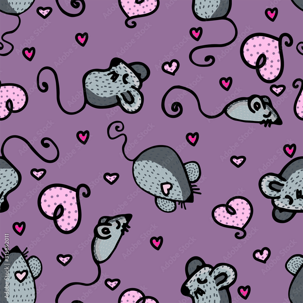 Vector seamless illustration with mice and hearts. Ideal for paper, textile and gift products Vector seamless illustration with mice and hearts. Ideal for paper, textile and gift products