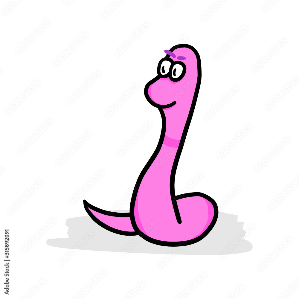 Fototapeta premium Funny pink earthworm character isolated on white background. Comic cartoon doodle drawing illustration.