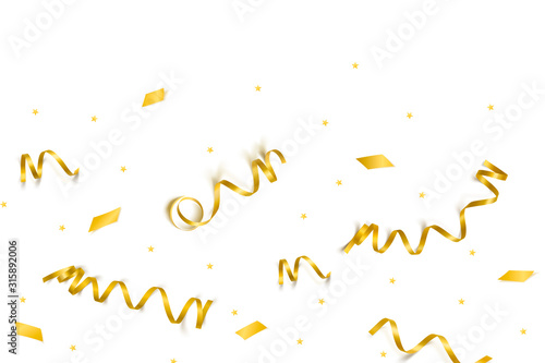 Vector celebration template with serpentine and confetti and carnival ribbon on white background. Holiday backgrop.
