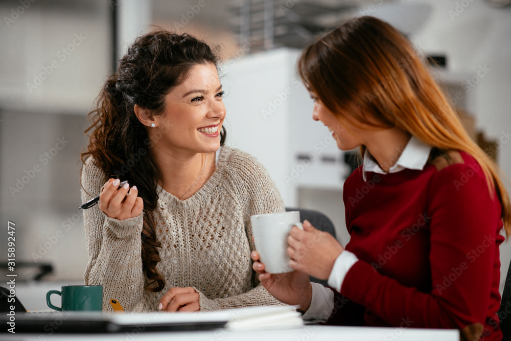 Two businesswoman working on project together. Two businesswoman working on project together.