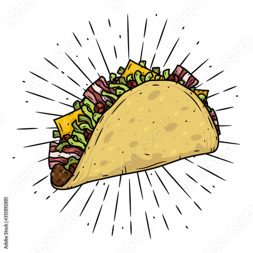 Taco. Traditional Mexican food. Vector illustration isolated on black background.