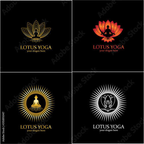 yoga logo design stock. human meditation in lotus flower vector illustration