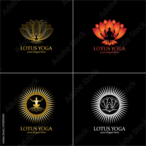 yoga logo design stock. human meditation in lotus flower vector illustration