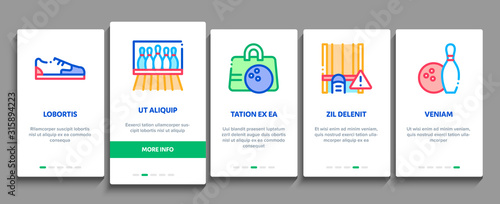 Bowling Game Tools Onboarding Mobile App Page Screen Vector. Bowling Ball and Skittle, Building And Stool, Scoreboard And Shoe, Player And Hand Gesture Concept Linear Pictograms. Color Contour