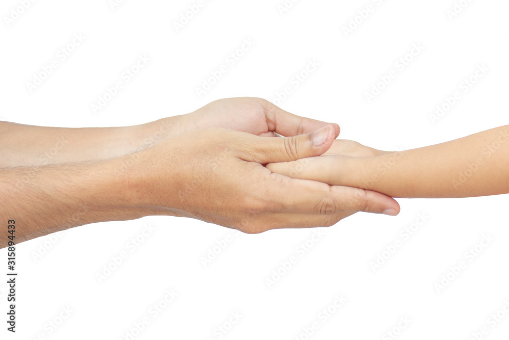 The father's hand held his daughter's hand, showing the warmth of the family. on white background