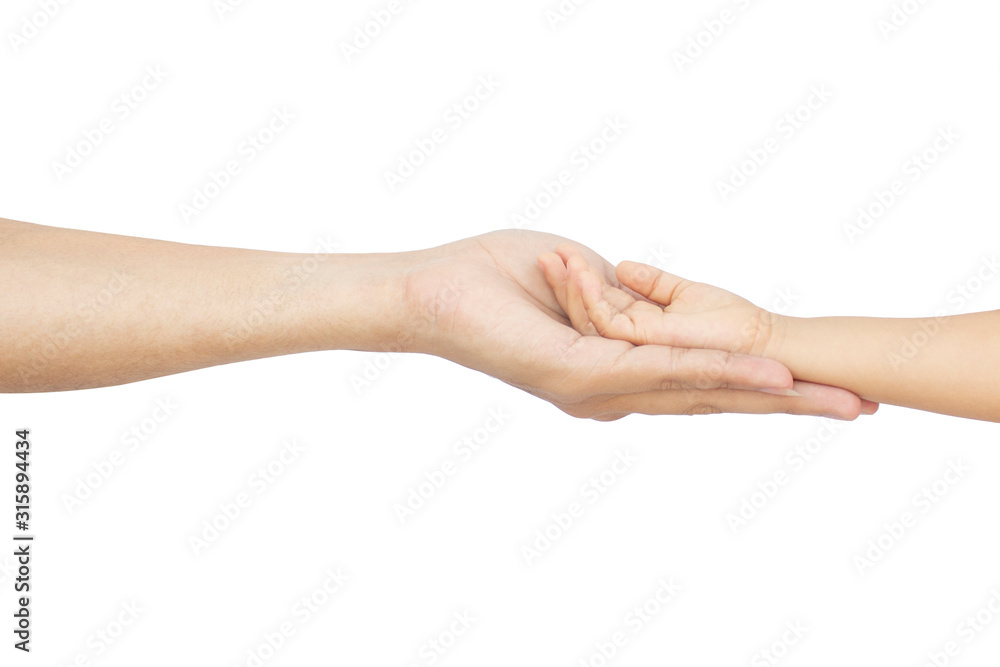The father's hand held his daughter's hand, showing the warmth of the family. on white background