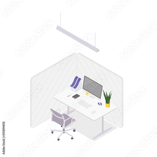 Modern isometric office cubicle on white. Vector illustration in flat design, isolated.