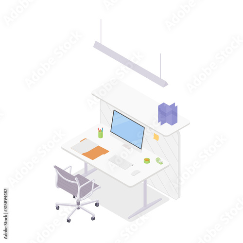 Modern isometric office cubicle on white. Vector illustration in flat design, isolated.