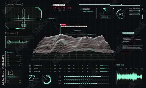 Control center 3D terrain drone surveillance, game/screen/movie interface