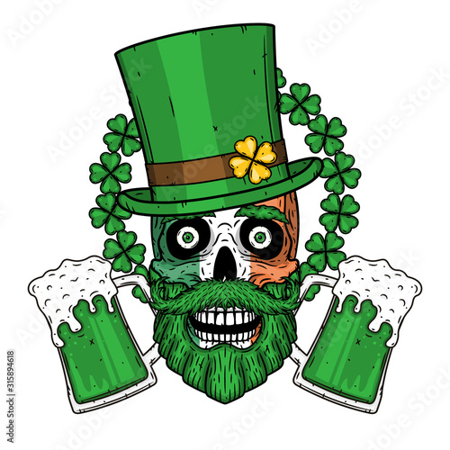 Irish skull. The skull of Saint Patrick's with green hat, glass beer and clover leaves.