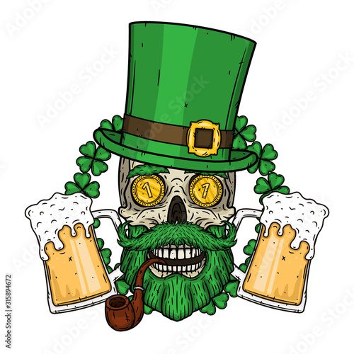 Irish skull. The skull of Saint Patrick's with green hat, glass beer and clover leaves.