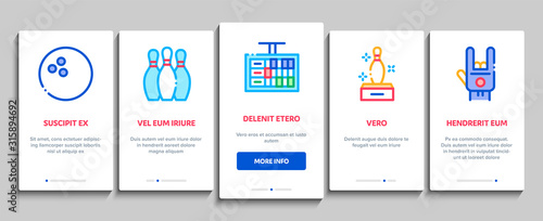 Bowling Game Tools Onboarding Mobile App Page Screen Vector. Bowling Ball and Skittle, Building And Stool, Scoreboard And Shoe, Player And Hand Gesture Concept Linear Pictograms. Color Contour