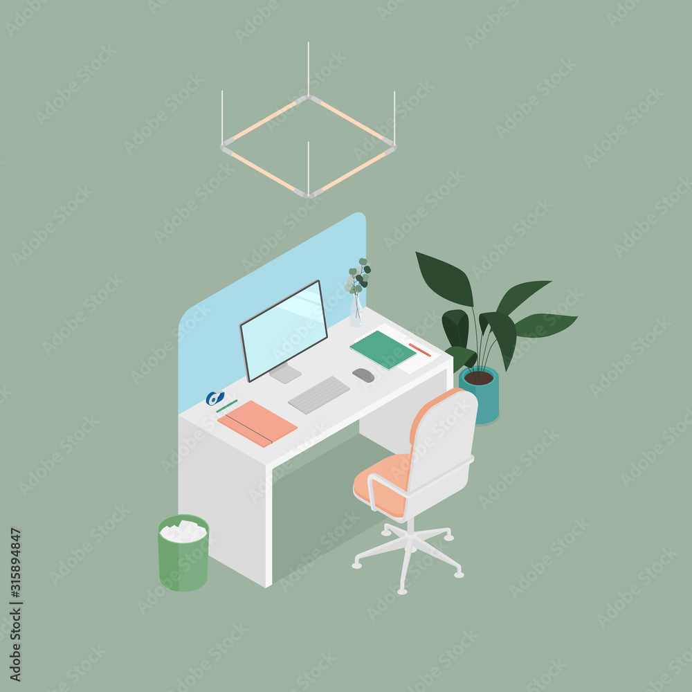 Modern isometric office desk in green. Vector illustration in flat ...