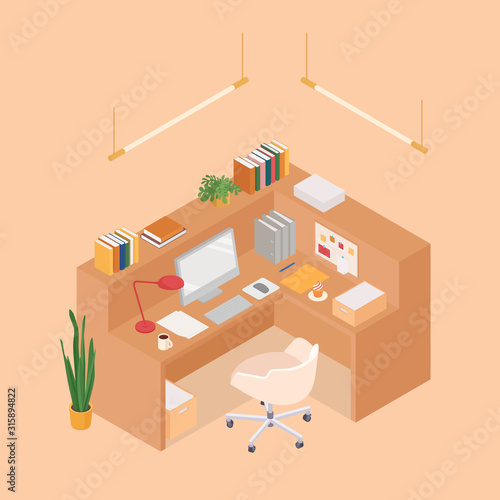 Isometric office cubicle in brown. Vector illustration in flat design, isolated.