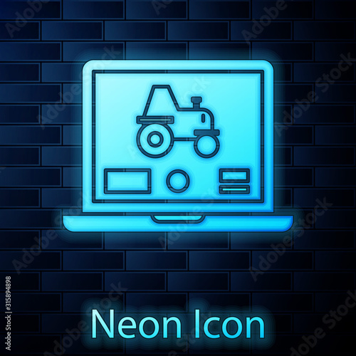 Glowing neon Laptop application for control a autonomous tractor on a smart farm icon isolated on brick wall background. Smart agriculture implement. Vector Illustration