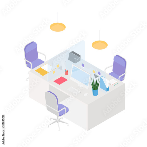 Modern isometric office cubicle on white. Vector illustration in flat design, isolated.