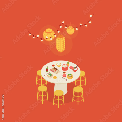Colorful warm isometric asian restaurant in red. Vector illustration in flat design  isolated.