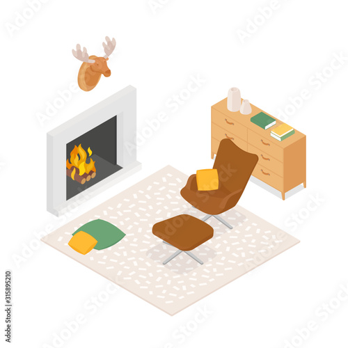 Isometric cozy living room with fireplace, on white. Vector illustration in flat design, isolated.