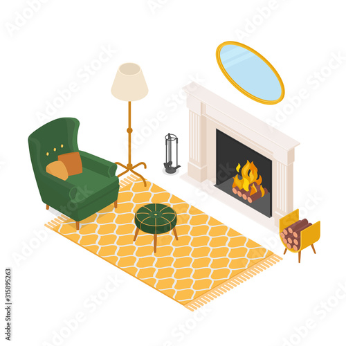 Isometric cozy living room with fireplace, on white. Vector illustration in flat design, isolated.