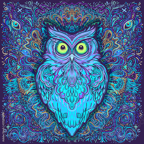 Cute abstract owl and psychedelic ornate pattern. Character tattoo design for pet lovers, artwork for print, textiles. Detailed vector illustration. Totem animal.