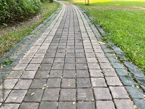 brick walkway with grass in Thailand