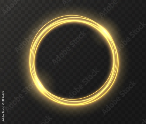 Golden glowing circle isolated on transparent background. Yellow magic ring light effect. Vector illustration.