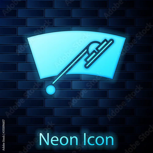 Glowing neon Windscreen wiper icon isolated on brick wall background. Vector Illustration