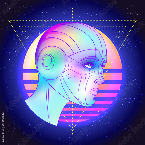 Portrait of robot android woman in retro futurism style. Vector illustration . of a cyborg in glowing neon bright colors. futuristic synth wave flyer template. Cyber technology.
