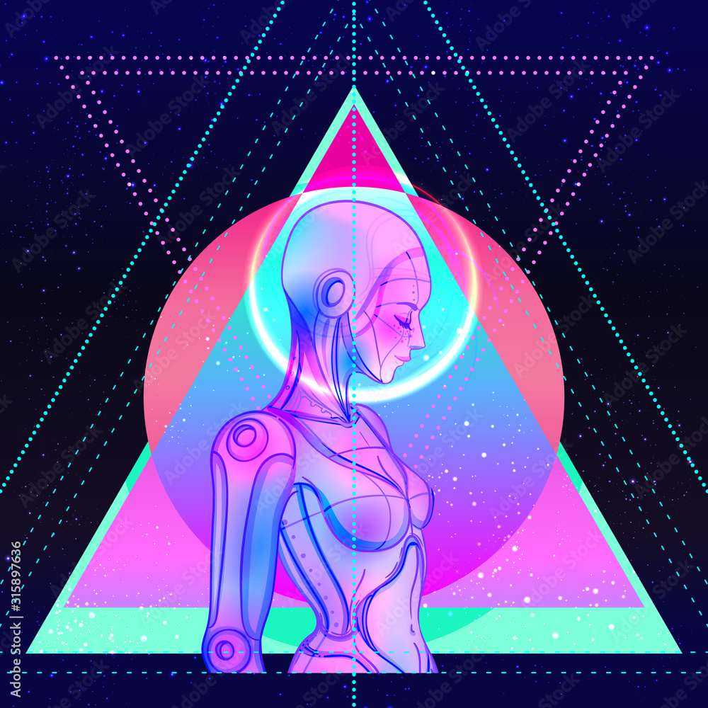 Portrait of robot android woman in retro futurism style. Vector ...