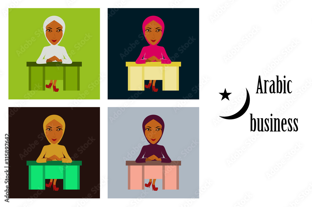 assembly of flat icons on theme Arabic business Muslim business woman