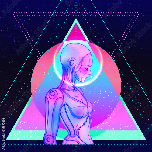 Portrait of robot android woman in retro futurism style. Vector illustration . of a cyborg in glowing neon bright colors. futuristic synth wave flyer template. Cyber technology.