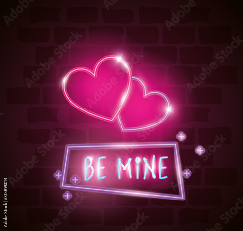 be mine label in neon light, valentine day