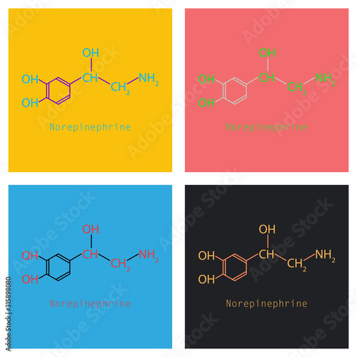 Norepinephrine (noradrenaline, norepi) hormone and neurotransmitter molecule. Skeletal formula.