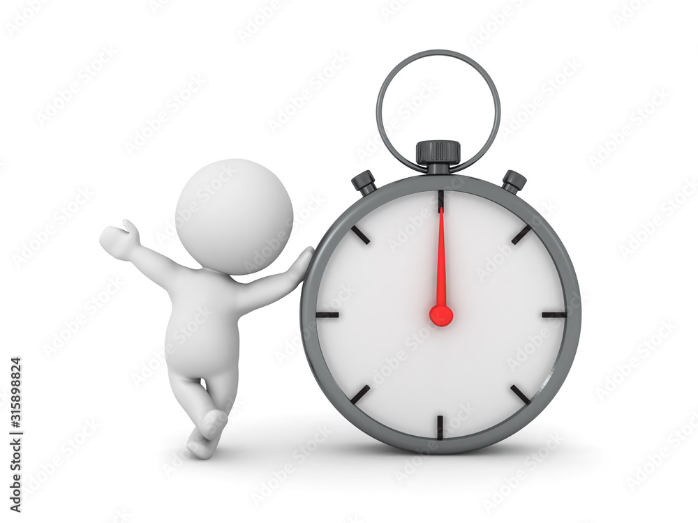 3D Character leaning on chronometer stopwatch 3D Character leaning on chronometer stopwatch