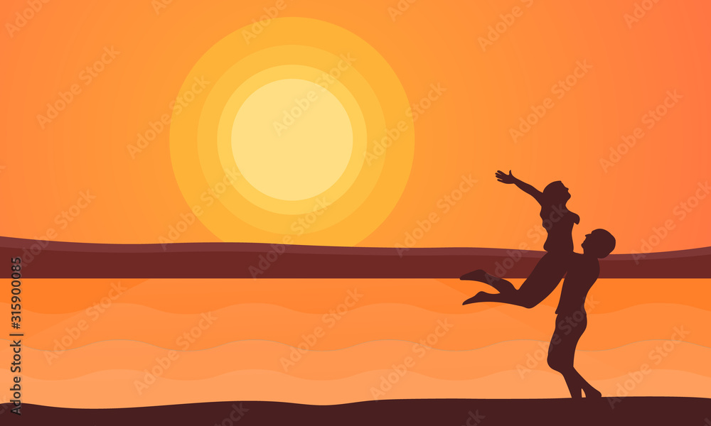 Happy Valentine's day illustration. A couple of lovers hugging on the beach with sunset background - Holiday flat vector.