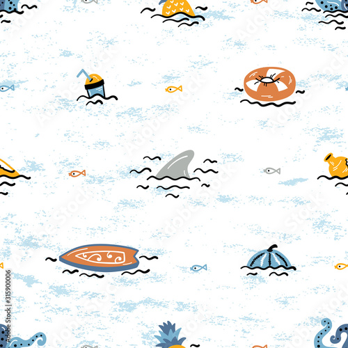 Cartoon Summer Sea Background for Kids. Vector Seamless Childish Pattern with Doodle Cute Shark Fin, Octopus Tentacles, Various Objects and Food Floating or Sinking in Water