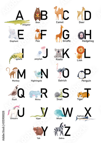 English alphabet with cute watercolor animals for babies, children. Stock illustration.