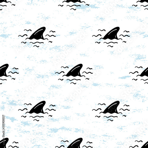 Cartoon Summer Sea Background for Kids. Vector Seamless Childish Pattern with Doodle Cute Shark Fins and Sea Waves