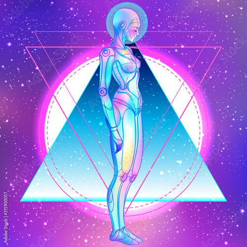 Portrait of robot android woman in retro futurism style. Vector illustration . of a cyborg in glowing neon bright colors. futuristic synth wave flyer template. Cyber technology.
