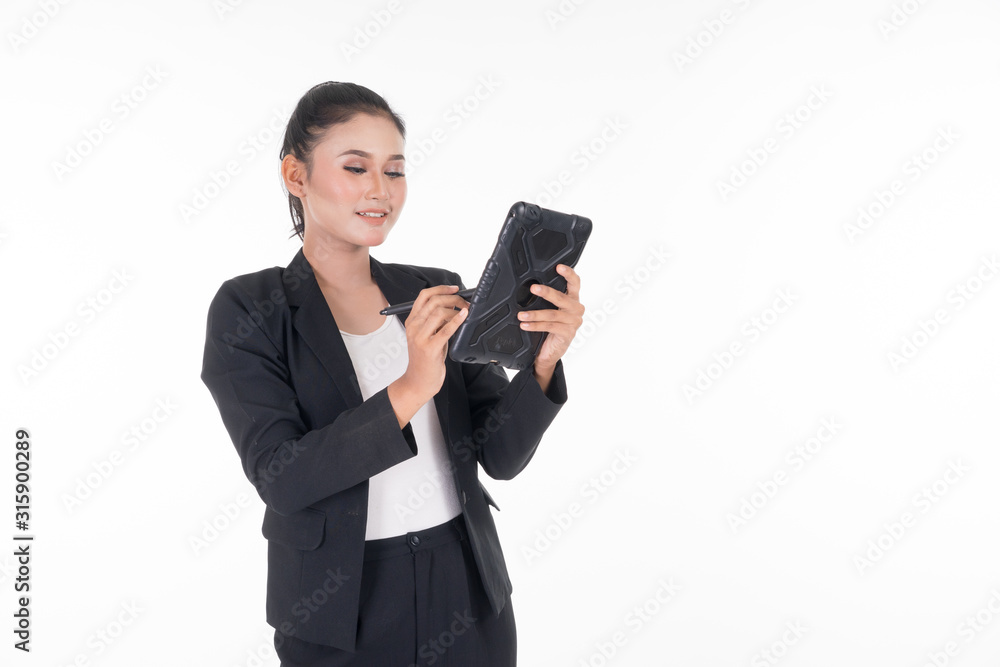 An attractive woman wearing business attire holding a tablet with various poses isolated on white background. Suitable for image cut out and manipulation works for technology,business or finance theme An attractive woman wearing business attire holding a tablet with various poses isolated on white background. Suitable for image cut out and manipulation works for technology,business or finance theme