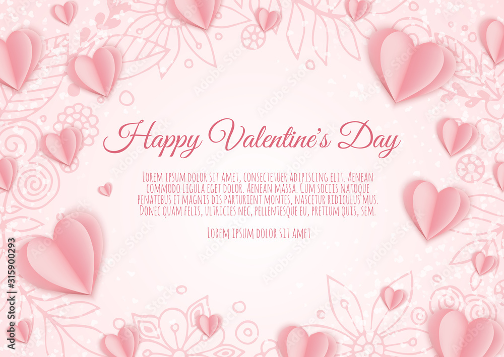 Valentine s day concept background. Pink paper hearts. Cute love sale banner or greeting card