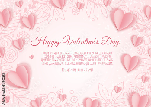 Valentine s day concept background. Pink paper hearts. Cute love sale banner or greeting card