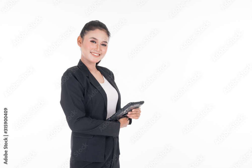 An attractive woman wearing business attire holding a tablet with various poses isolated on white background. Suitable for image cut out and manipulation works for technology,business or finance theme An attractive woman wearing business attire holding a tablet with various poses isolated on white background. Suitable for image cut out and manipulation works for technology,business or finance theme