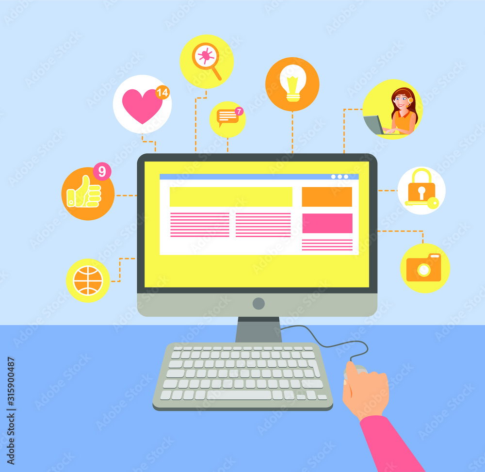 Vector illustration of a computer from which many icons have to do with connectivity, internet and computer science Vector illustration of a computer from which many icons have to do with connectivity, internet and computer science