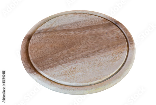 Circular wooden cutting board isolated on a white background.