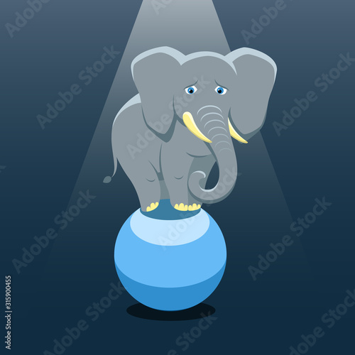 Isolated cartoon elephant on the blue ball on black background. Colorful sad elephant. Wild animal personage. Problem of exploitation of wild animals in circuses. Flat design.