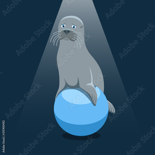 Isolated cartoon fur seal on the blue ball on black background. Colorful sad fur seal. Wild animal personage. Problem of exploitation of wild marine animals in circuses. Flat design.