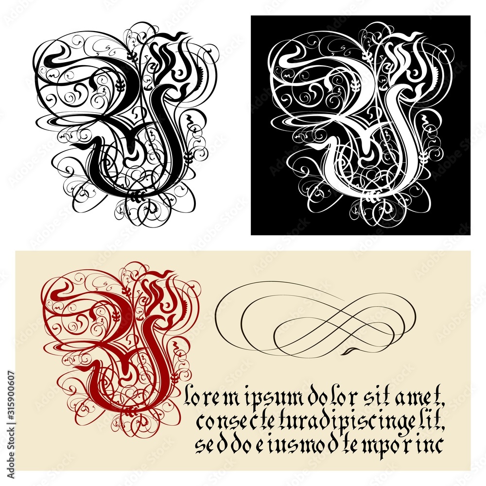 Fototapeta premium Decorative Gothic Letter Y. Uncial Fraktur calligraphy.