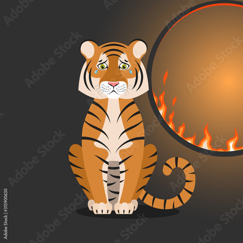Isolated cartoon sitting orange tiger near flaming hoop on black background. Colorful sad tiger. Wild animal personage. Problem of exploitation of wild animals in circuses. Flat design.