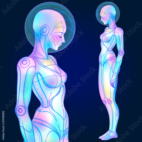 Portrait of robot android woman in retro futurism style. Vector illustration . of a cyborg in glowing neon bright colors. futuristic synth wave flyer template. Cyber technology.